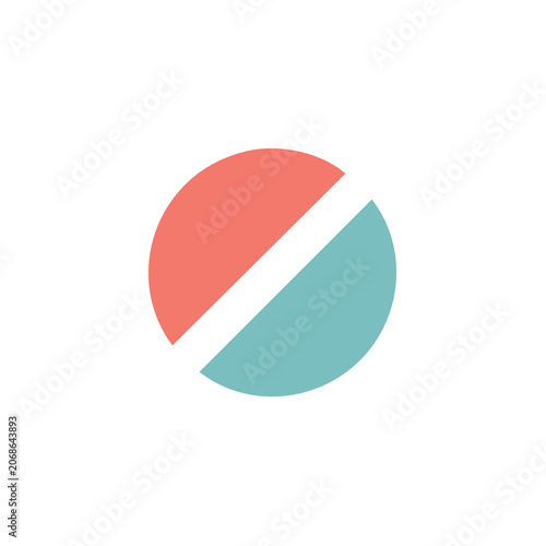 Split circle with diagonal line, flat vector
