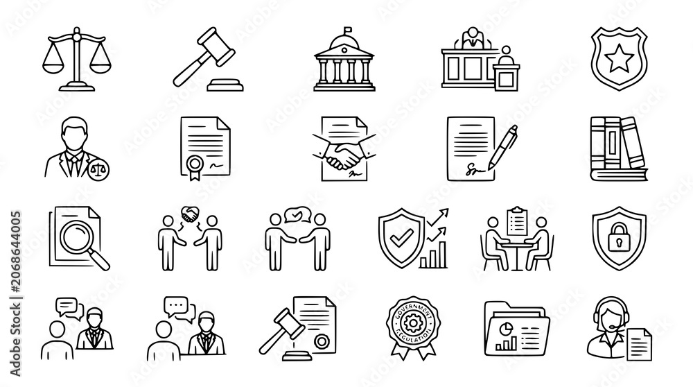Fototapeta premium Modern Legal Services Outline Icons Collection with Justice Police Court and Contract Symbols