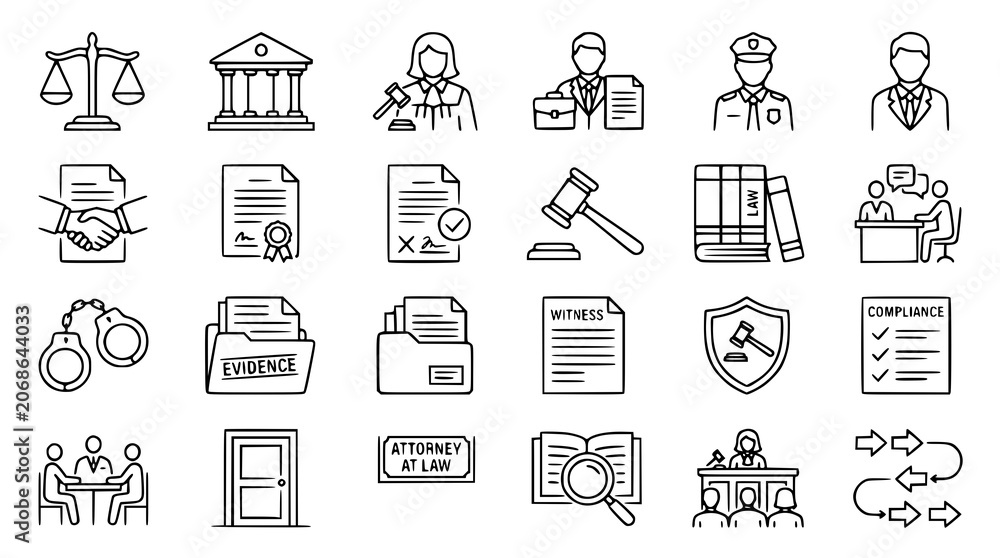 Fototapeta premium Law and Legal Line Icon Set with Justice Court Lawyer Police and Agreement Editable Outline Symbols