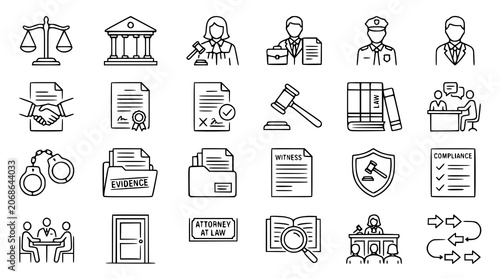 Law and Legal Line Icon Set with Justice Court Lawyer Police and Agreement Editable Outline Symbols