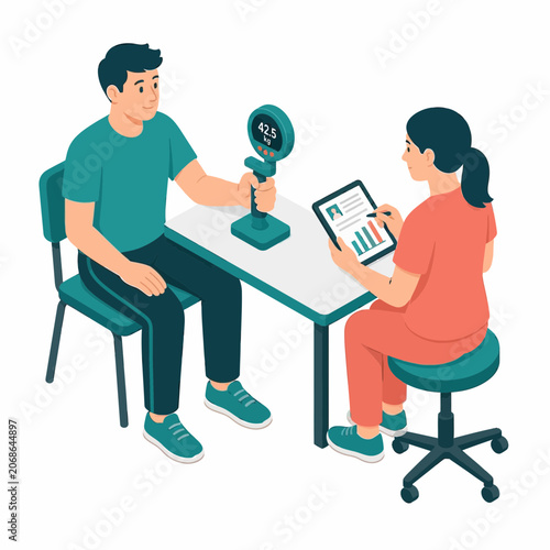Man performing handgrip strength test with dynamometer while female doctor monitors data on a tablet, medical assessment illustration for sports science and physical therapy.