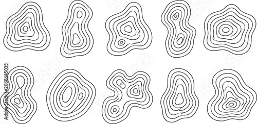 Set of ten black and white line topographic map style contour shapes isolated on a white background, for cartography and, also transparent background
