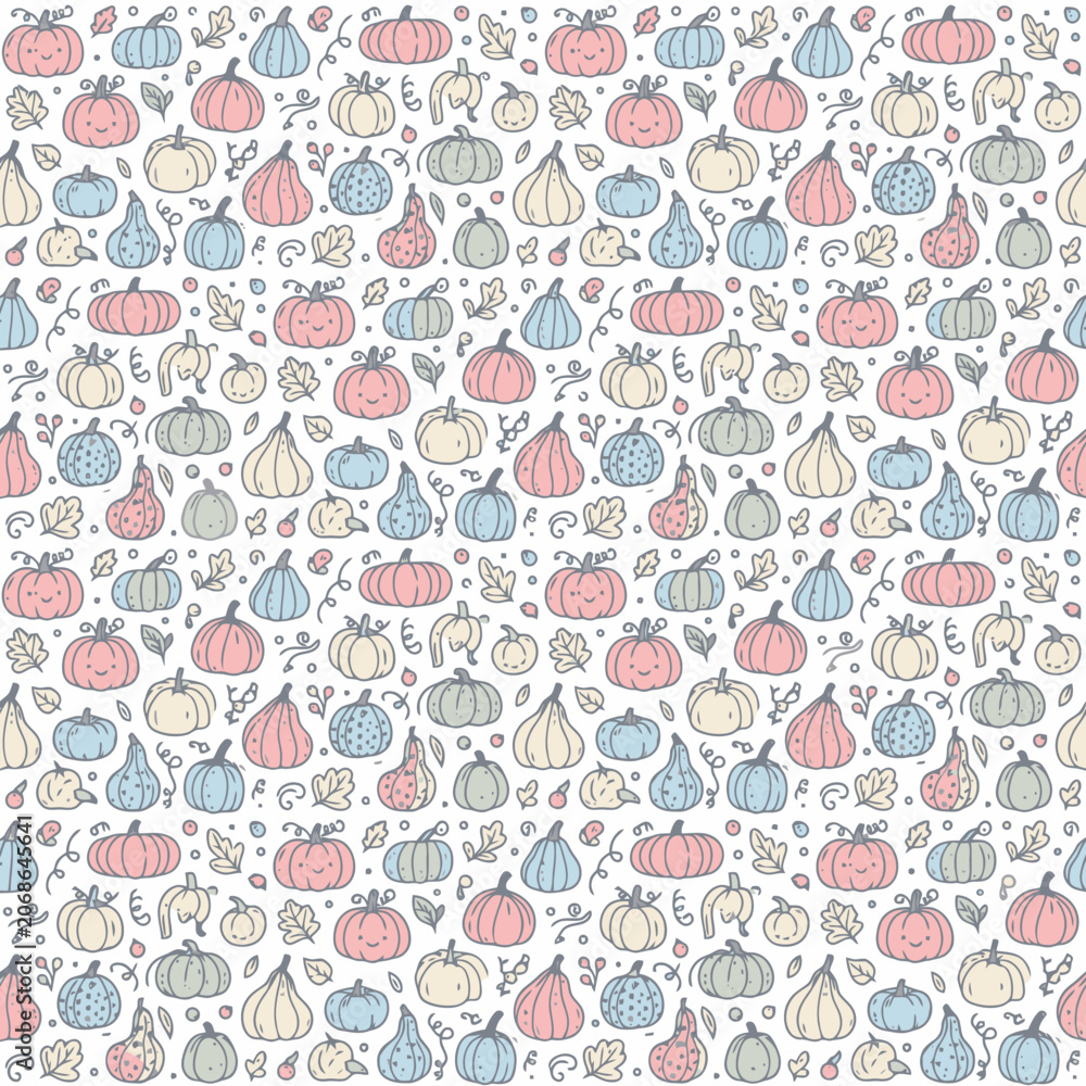 Obraz premium Seamless pattern of hand drawn pastel pumpkins and autumn leaves on white background. EPS Editable. Vector Illustrations.
