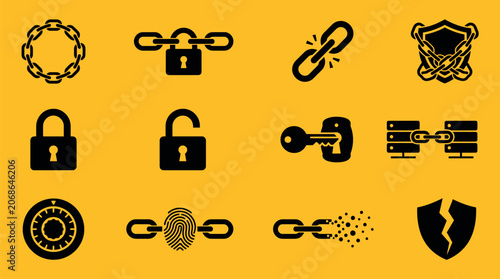 Cybersecurity icon set with 12 black flat vector symbols, digital data protection and network security icons, padlock and chain link elements for web privacy, secure access system graphics