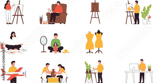 Foto Set of people engaging in creative hobbies including painting at an easel pottery making gardening sewing model airplane building and digital art design