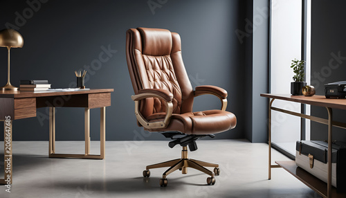 Executive chair with tufted brown leather upholstery occupies a professional office suite for leaders.
