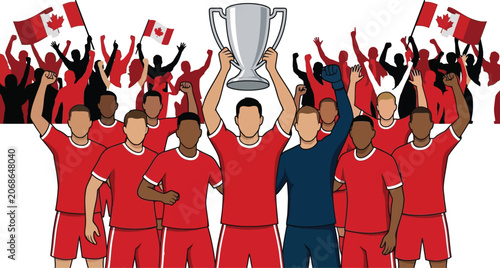 Soccer team members hoist a silver cup in triumph while surrounded by cheering fans with flags.