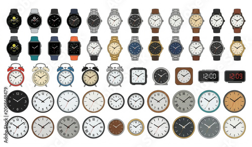 Schilderij op canvas Analog wristwatch and wall clock collection vector isolated on white background