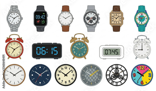 Photography Analog wristwatch and wall clock collection vector isolated on white background
