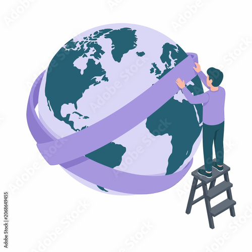 Isometric vector illustration of a male character standing on a stepladder wrapping a large purple ribbon around a stylized Earth globe, symbolizing global awareness, care, and unity.