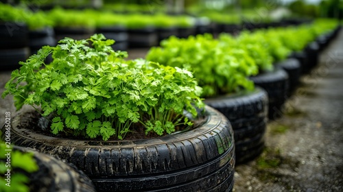 Urban Gardening with Recycled Tire Planters and Green Vegetables