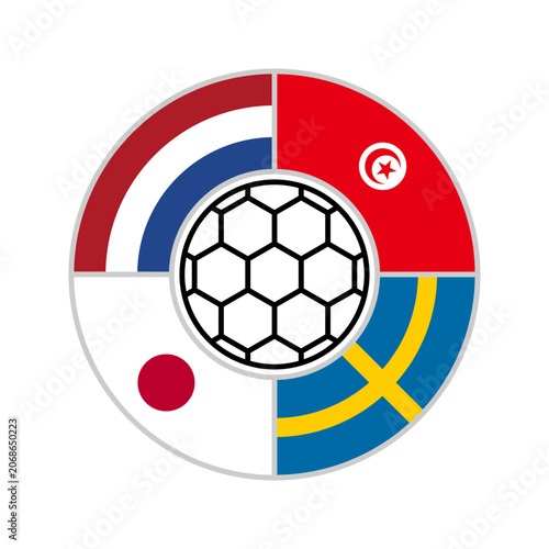 circle icon of netherlands, tunisia, sweden and japan flags. football concept. vector illustration isolated on white background