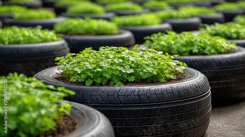 Urban Gardening with Recycled Tire Planters and Green Vegetables