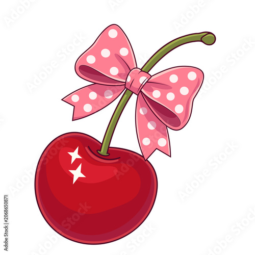 Sweet cherry vector illustration with a decorative bow knot and star highlights, isolated on white background
