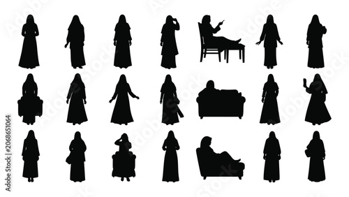 Collection of nun silhouettes in various poses and with furniture a black and white silhouette nuns religious habit robes cloistered