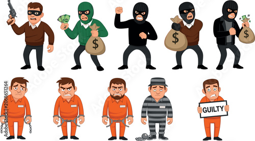 Εκτύπωση καμβά Collection of cartoon criminal characters featuring burglars with money bags robbers in masks and prisoners in orange jumpsuits and striped uniforms with handcuffs vector illustration