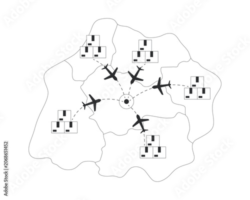 Import distribution line illustration concept. Global supply network. Goods arriving from multiple international sources to central destination outline 2D idea isolated. Ink linear metaphor vector art