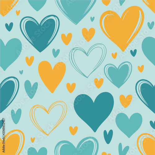 Cute hand drawn heart seamless pattern on light blue background. Romantic doodle style heart pattern for wrapping paper. Vibrant teal and yellow hearts seamless repeating pattern. 