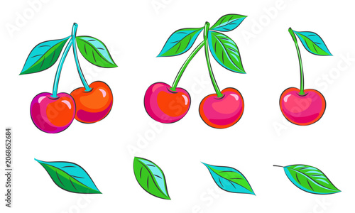 Set of vibrant cherry berries clip art isolated on white background
