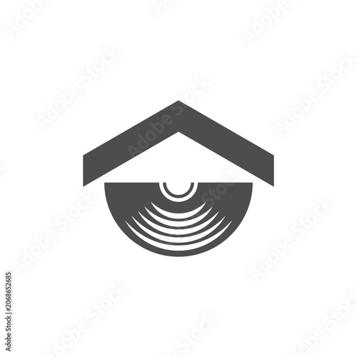 Stylized abstract icon representing an eye within a roof structure.