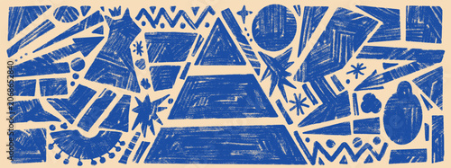 Bild auf Leinwand Blue egypt crayon geometric shape with pencil brush and abstract figure