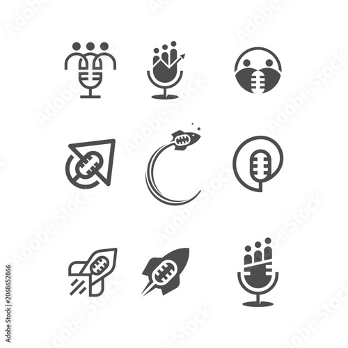 A collection of black and white icons depicting microphones and communication symbols.