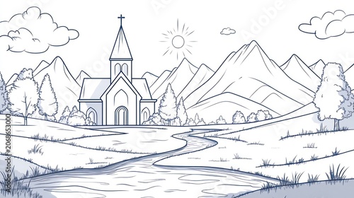 Sketchy church landscape with mountains and river. Possible stock use Nature, religion, illustration