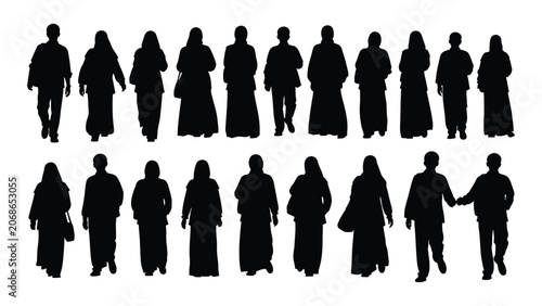 Fotografie Collection of human figure silhouettes in varied clothing and poses against a wh