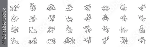 Foto Accident, dog bite, foot injury, injury and safety hazard icon set – editable ou