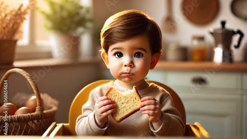 Video of young toddler enjoying a piece of bread while sitting on a yellow chair, showing curiosity and joy.