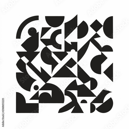 A black and white abstract geometric artwork with various shapes (1)