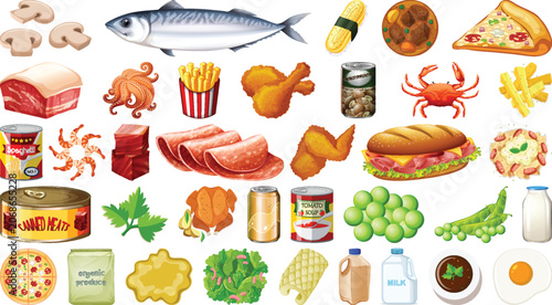 Collection of various food items and supplies.