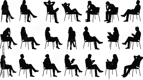 Photos Large vector silhouette set of diverse people sitting on chairs in different pro