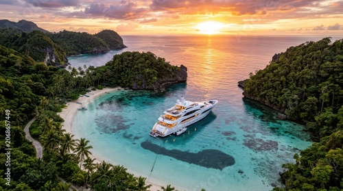 Luxury yacht anchored in a secluded tropical bay at sunset with lush green islands