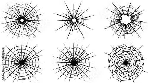 Foto Vector illustration set of broken glass crack patterns and bullet hole textures