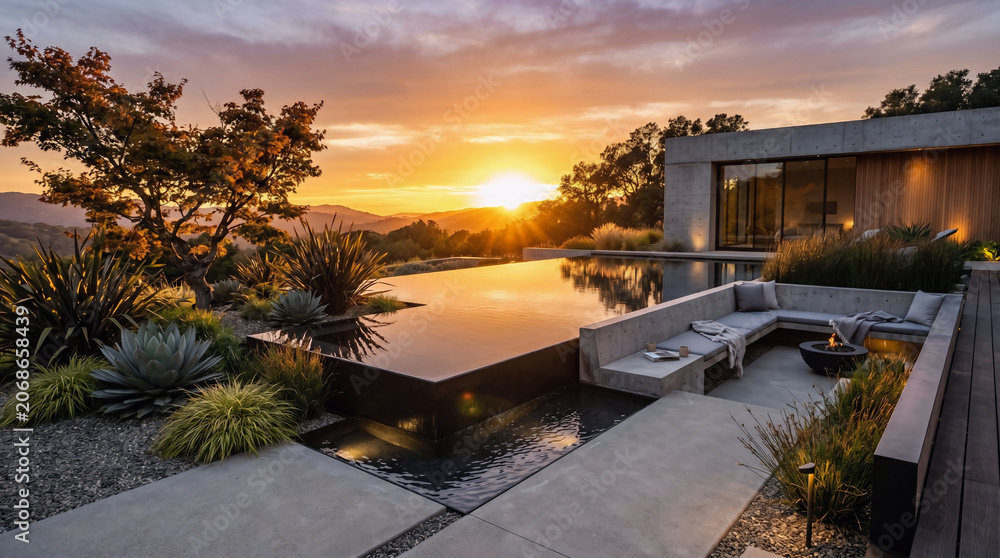Fototapeta premium Modern Luxury Garden Terrace Featuring an Infinity Pool and Sunken Seating Area at Sunset