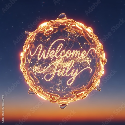 Glowing golden welcome July fireworks text design.