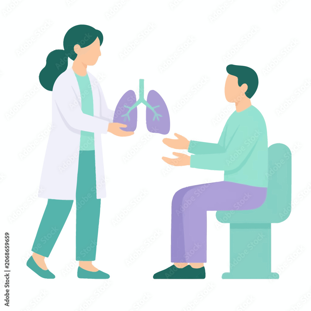 Fototapeta premium Vector illustration of a female doctor in a white lab coat presenting a purple human lung model to a seated male patient during a respiratory medical consultation or health checkup.