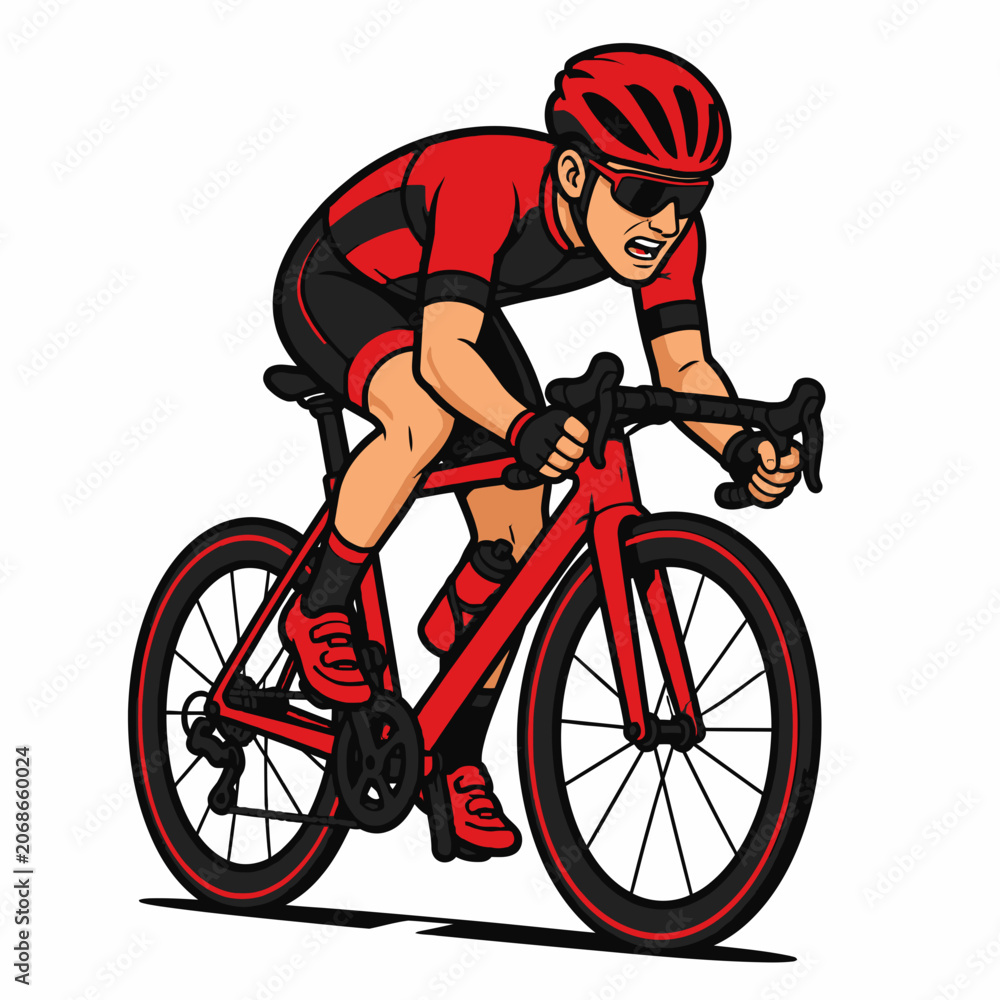 Naklejka premium Vector illustration of a professional male cyclist wearing a red and black kit, red helmet, and sunglasses, riding a red racing road bike in a dynamic sprint pose on a white background.