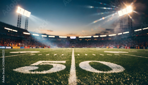 Low angle view of a professional american football field at night with bright stadium lights shining down on the 50 yard line