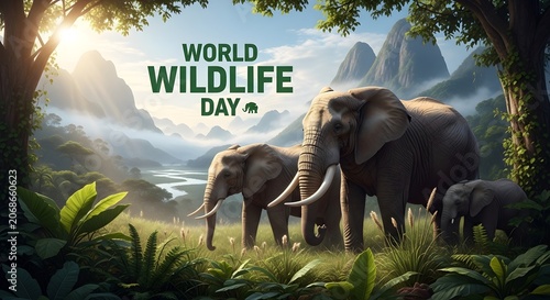 Wildlife day poster with elephants in a tropical valley