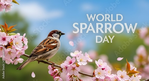 House sparrow perched on a blooming cherry blossom branch for sparrow day
