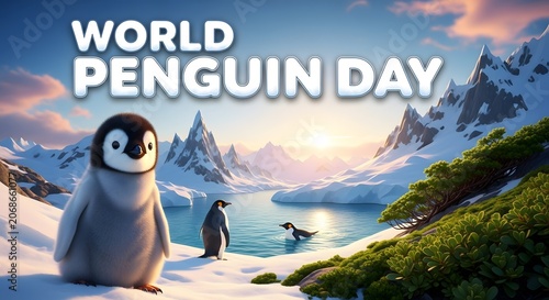 Penguin day poster with cute penguin on snowy landscape