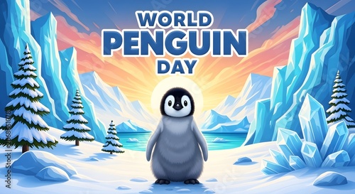 Penguin day poster with cute penguin in snowy arctic landscape