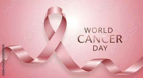 Cancer day awareness with pink ribbon and text health