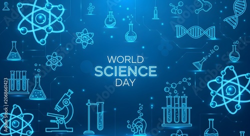 Science day background, with glowing atom, dna, and laboratory equipment
