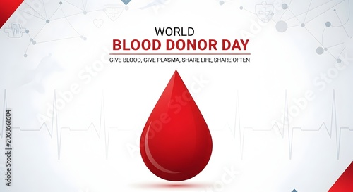 Blood Donor day poster with red drop symbol and medical heartbeat line