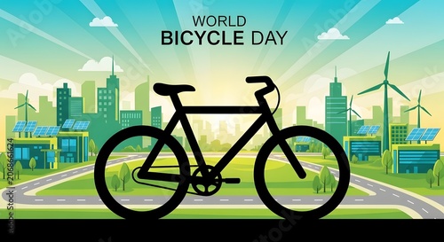 Bicycle day with black bicycle silhouette and eco-friendly cityscape
