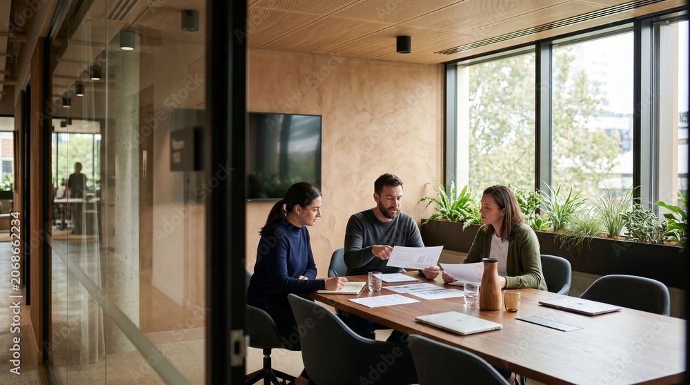 Fototapeta premium Biophilic Meeting Room With Timber Table Glass Walls And Daylight