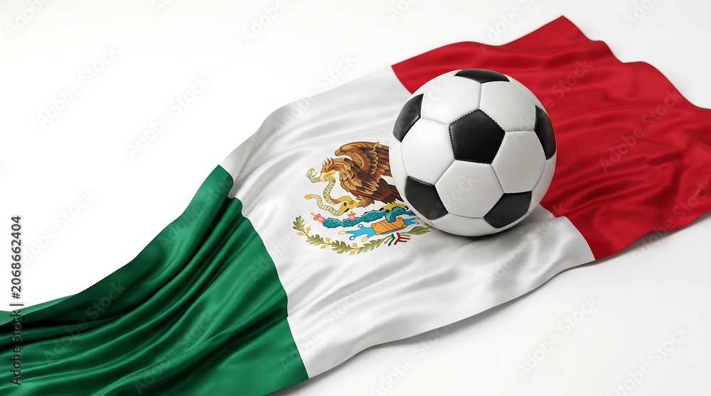Fototapeta premium High angle studio shot of a soccer ball on the waving national flag of Mexico